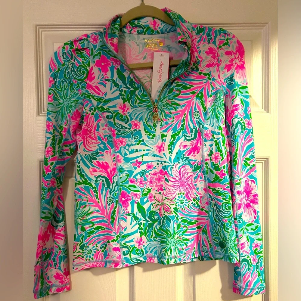 Lilly Pulitzer Luxletic Niccola Mesh Panel Half Zip Top Amalfi Blue Leaf It Wild - Picture 1 of 5